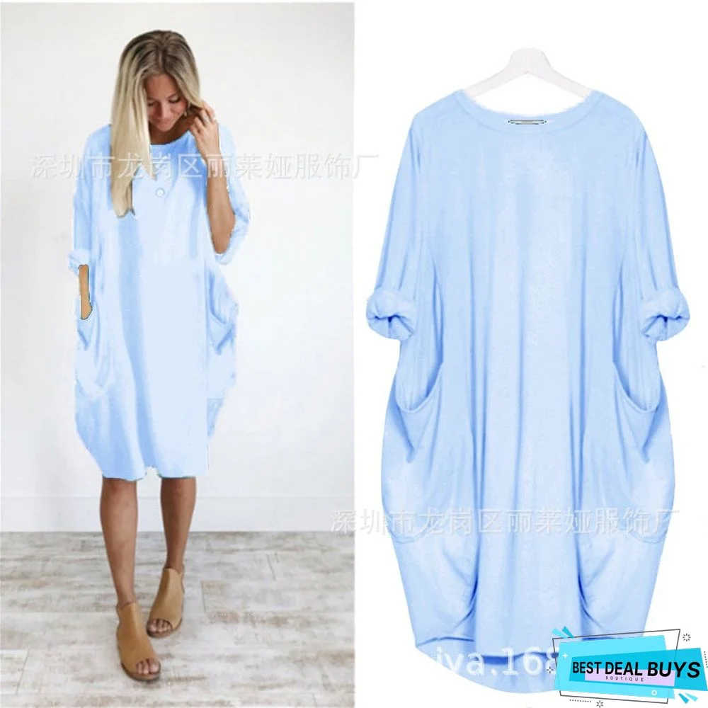 Women's Casual Loose Pocket Long-Sleeved Plus-Size Dress