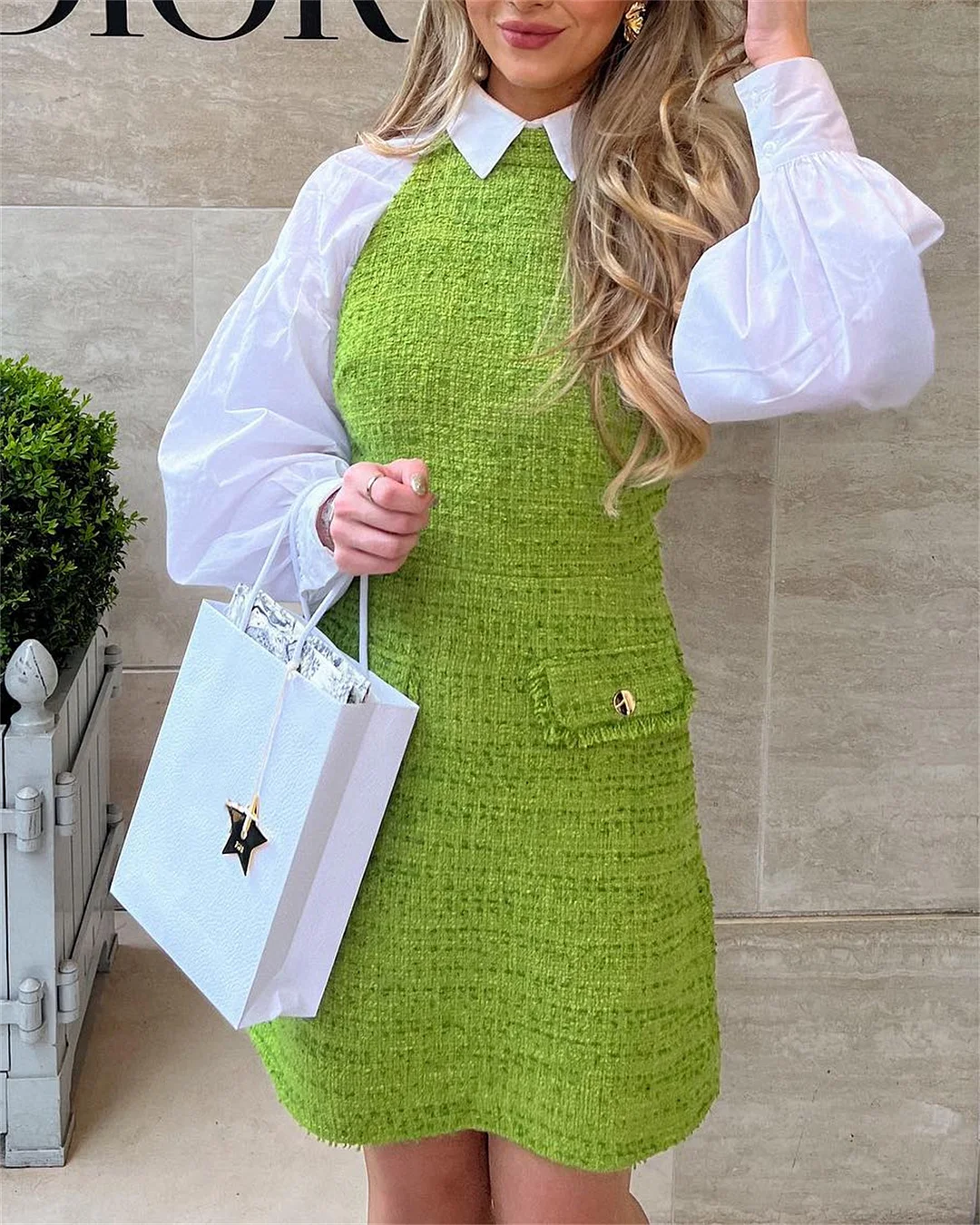 Women's Lapel Stitching Tweed Dress