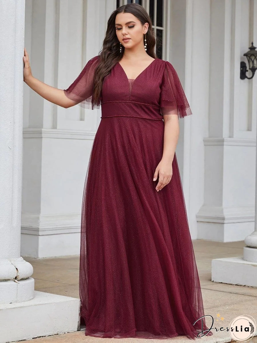 Elegant Golden Stamped Ruffle Sleeve Evening Gown