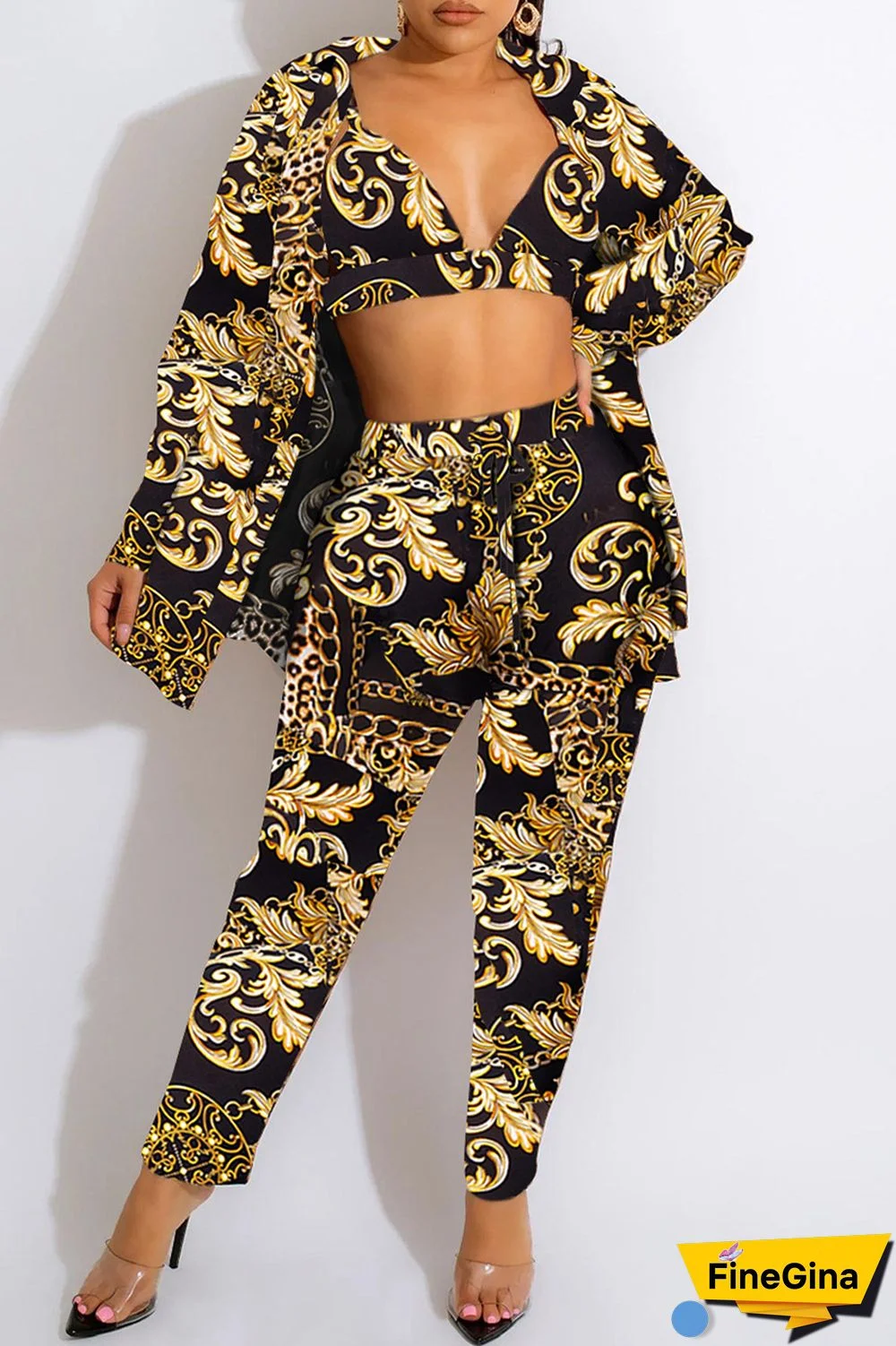 Tiger Pattern Fashion Casual Print Cardigan Vests Pants Turn-back Collar Long Sleeve Two Pieces