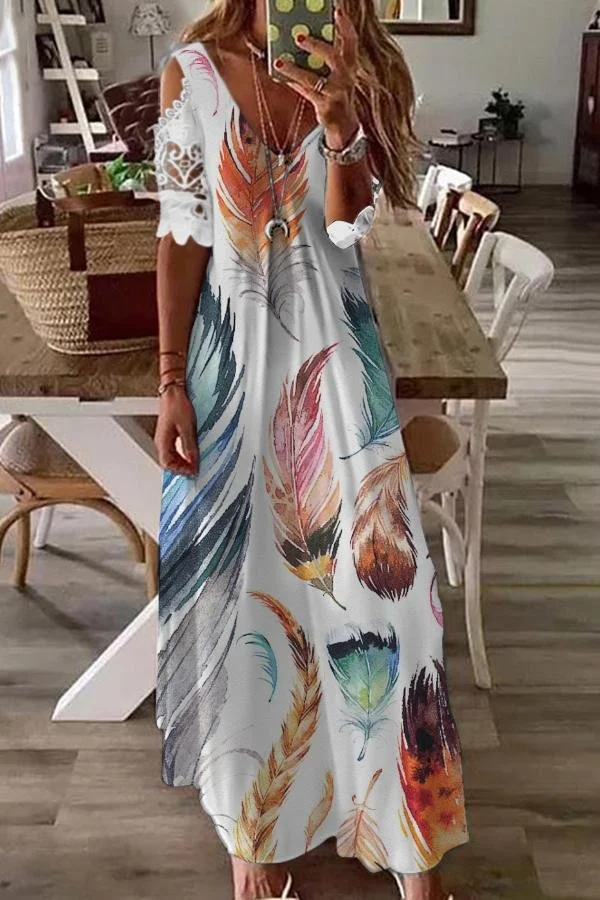 Lace Short Sleeve Printed Long Dress