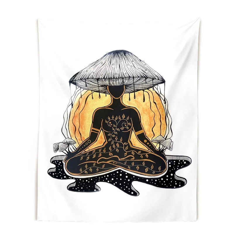 Mushroom queen Tapestry Wall Hanging crystals botanical fungi art black White witchy Living Room Psychedelic Wall Art Decor