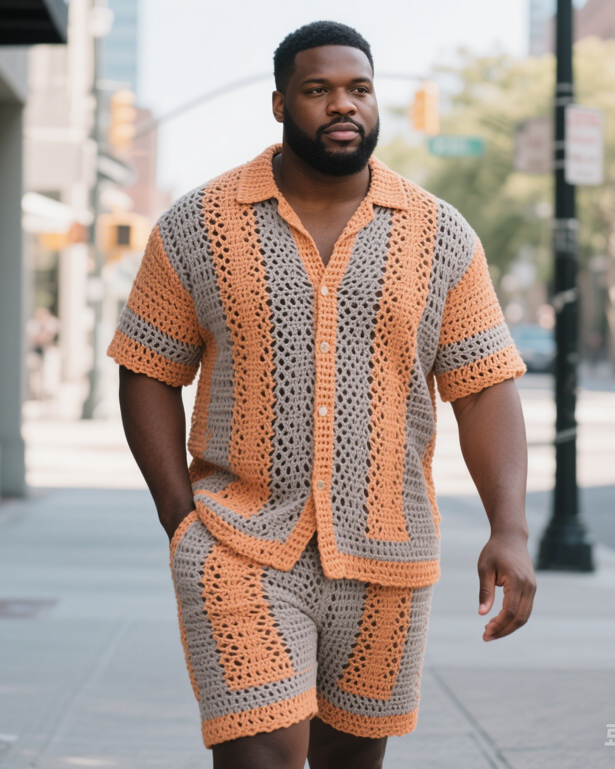 Men's Plus Size Skin Color Spell Gray Crochet Shirt Shorts Suit