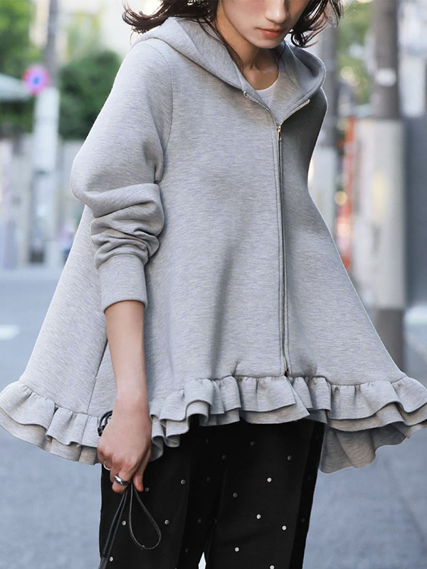 Ruffle Hem Zip-Up Hoodie