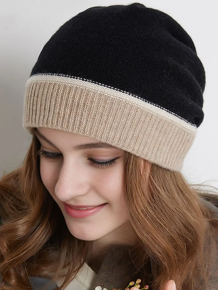 Women Winter Warm Colorblock Cashmere Knitted Hat