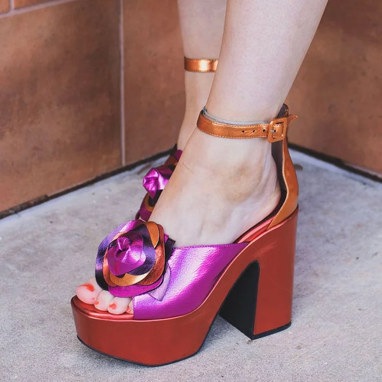 Multi-color Ankle Strap Sandals Women's Peep Toe Platform Shoes Party Flower Chunky Heels |FSJ Shoes