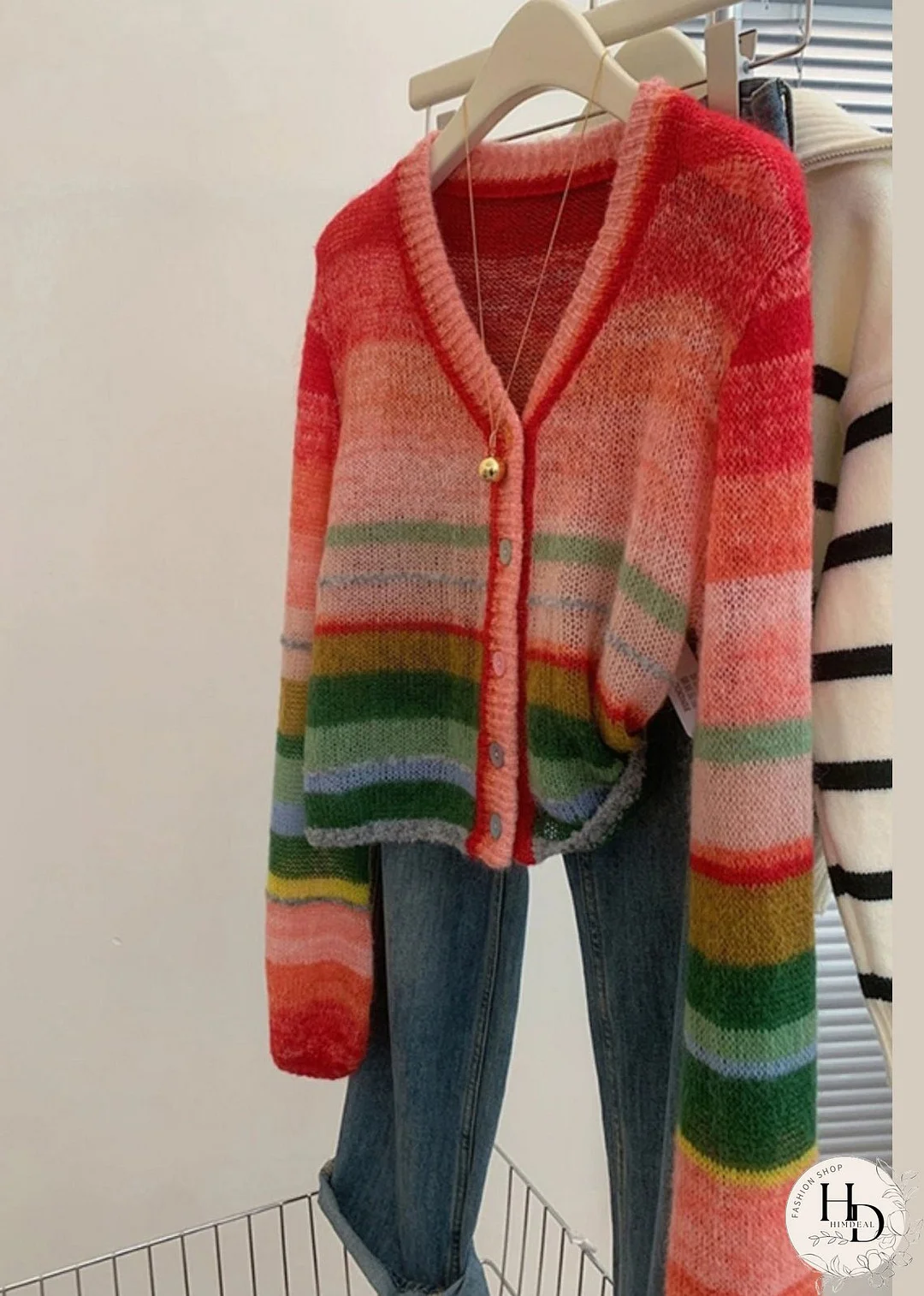 New Striped V Neck Button Patchwork Knit Cardigan Long Sleeve