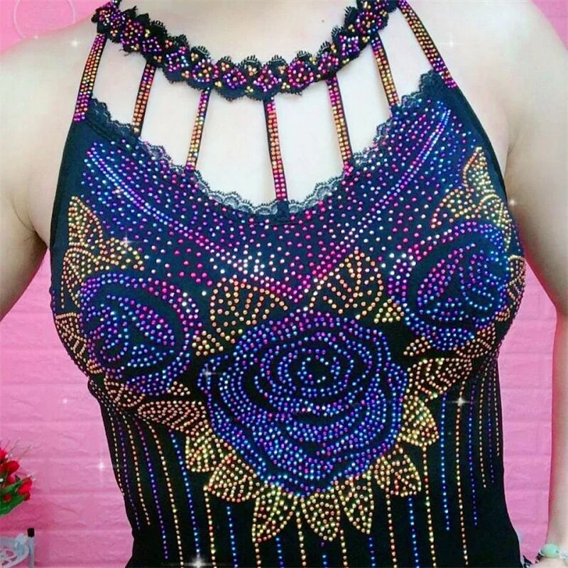Diamond Camisole Feminine Blouse Rose Flower Tops 2023 Summer Outer Wear Net Red Beauty Back Bottom Shirt Tide Women Sling Top