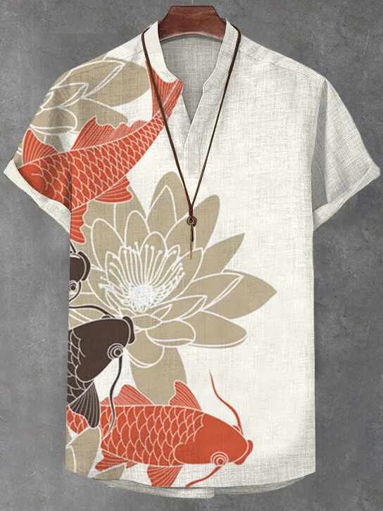Men's Carp In A Lotus Pond Art Print Casual V Neck T-Shirt