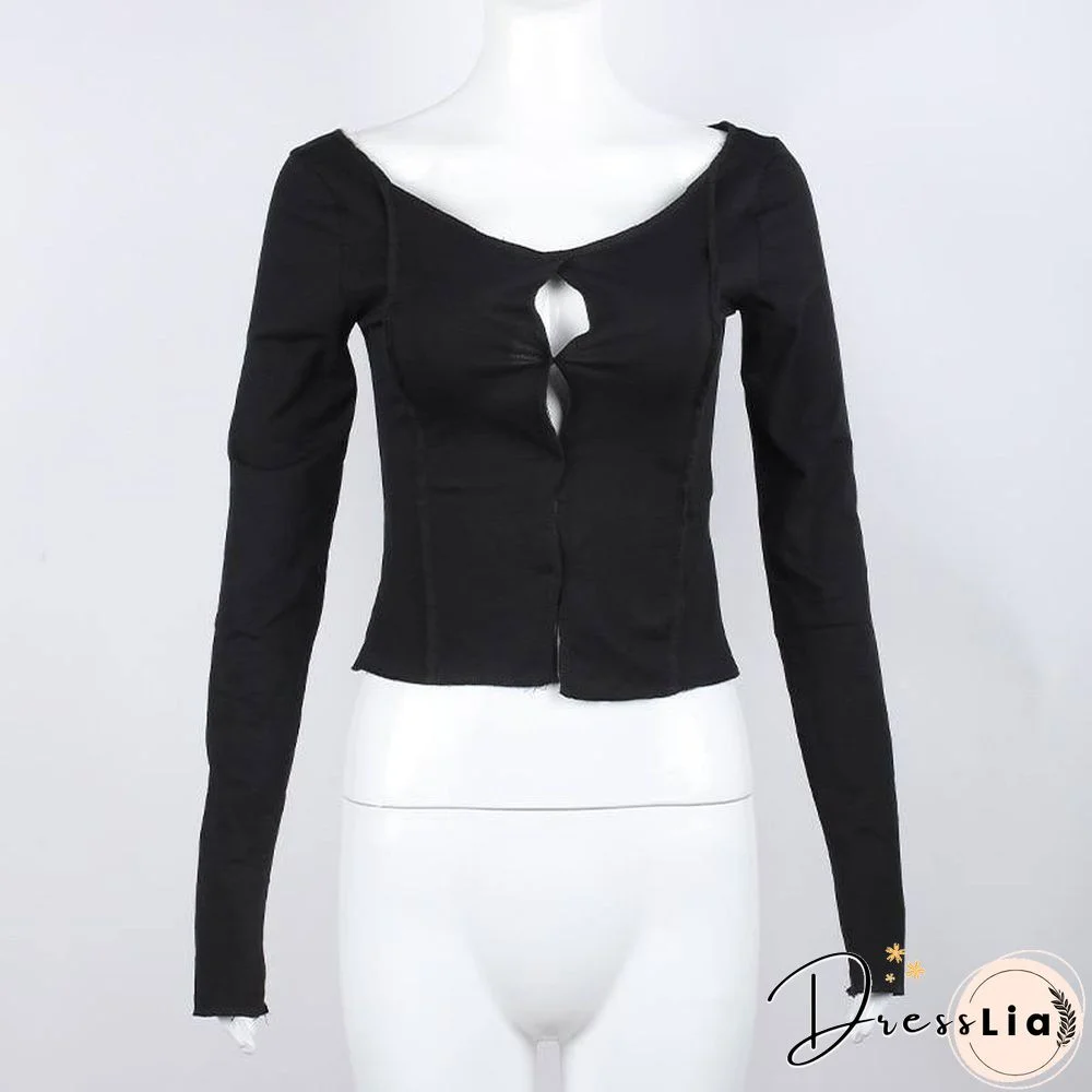 Autumn Woman Tshirts Vintage Sexy Stitching Hollow Solid Color Long Sleeve Black Streetwear Women's Tops Fall Clothing