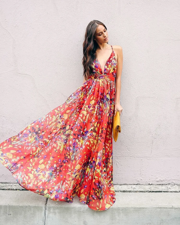 Floral Sleeveless Deep V neck Maxi Dress