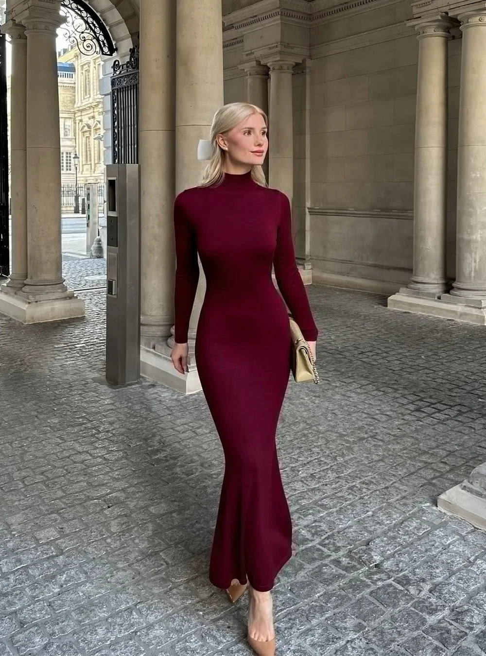 Uveng Uveng High-Collar Dress Knitted One-Step Skirt Solid-Colored Bottom Dress 2024 Autumn And Winter Sweater Skirt