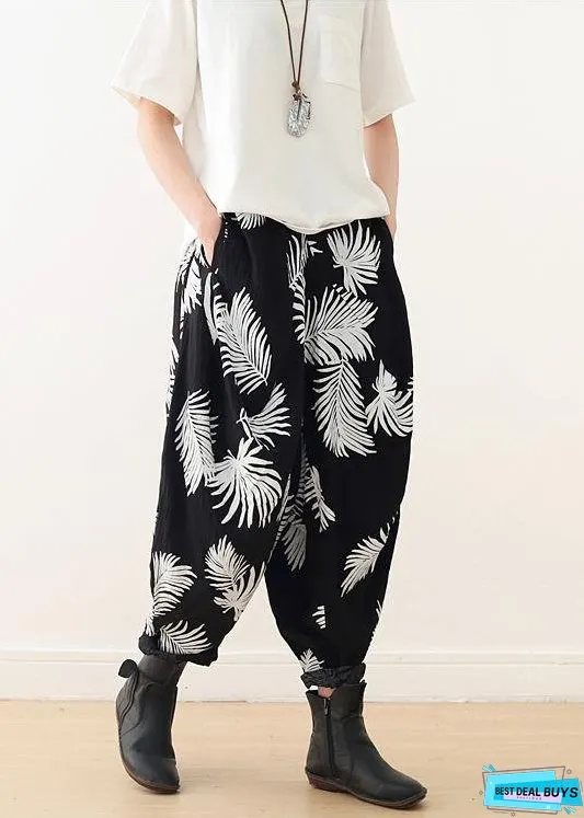 Women White Print Elastic Waist Cotton Pants