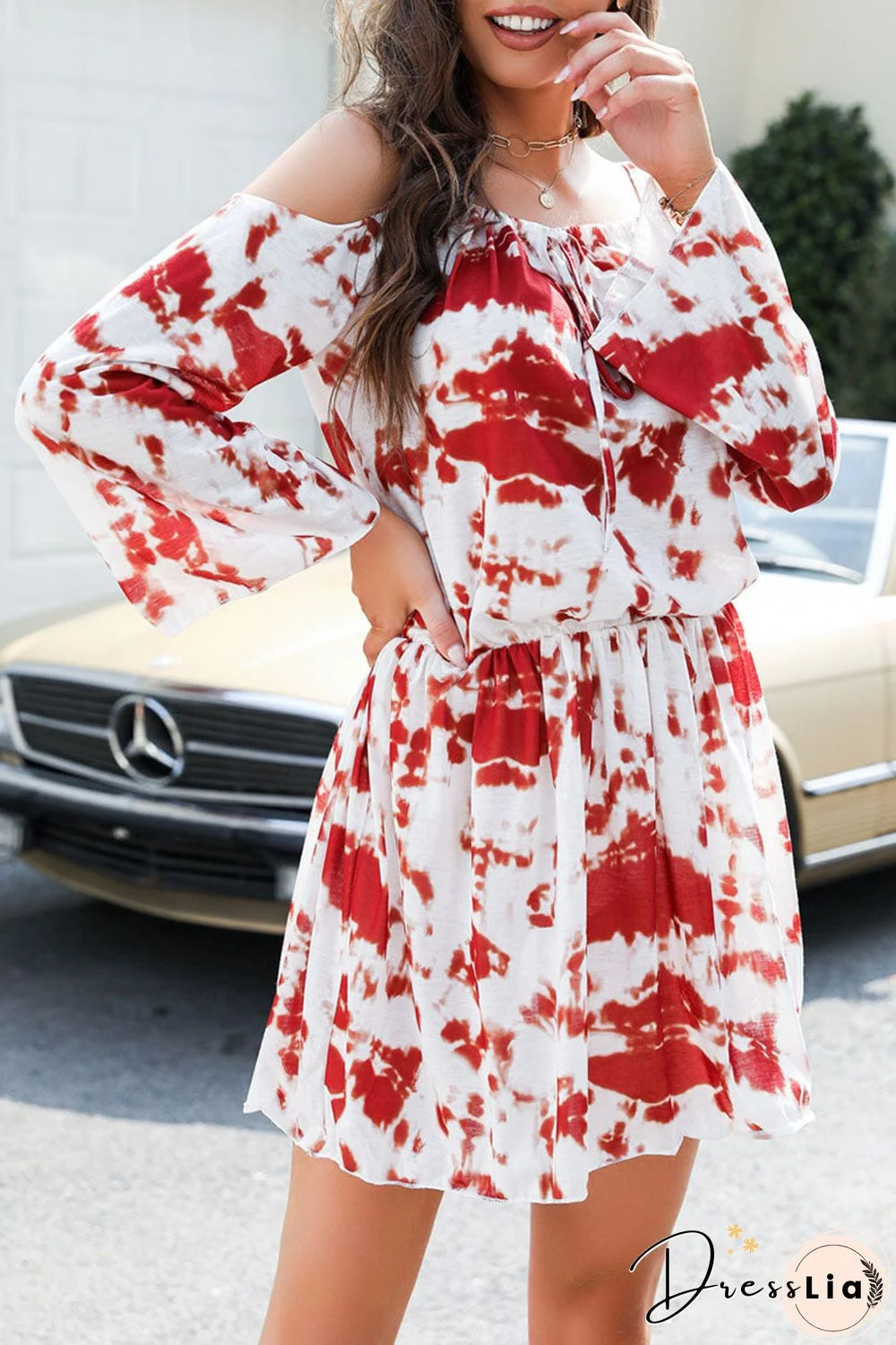 Fashion Street Tie Dye Split Joint Spaghetti Strap Waist Skirt Dresses