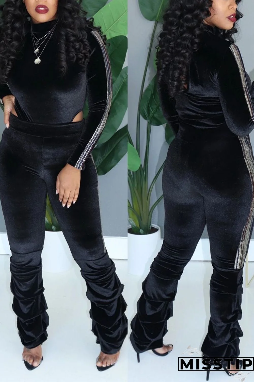 Black Sexy Patchwork Two Piece Suits Solid Loose Long Sleeve