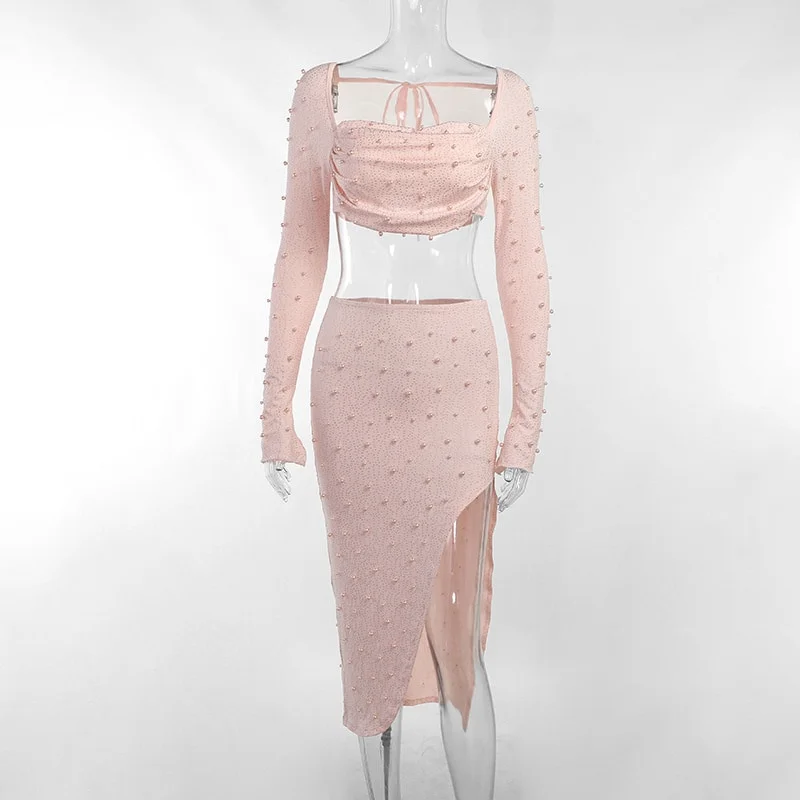 Zingj Pearl Sexy Dress Sets Women Square Collar Full Sleeve And Split Skirt Matching Sets Female Club Party Two Piece Set