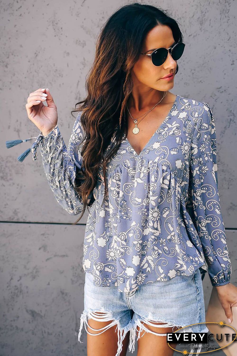 Gray Tassel Tie Blouse
