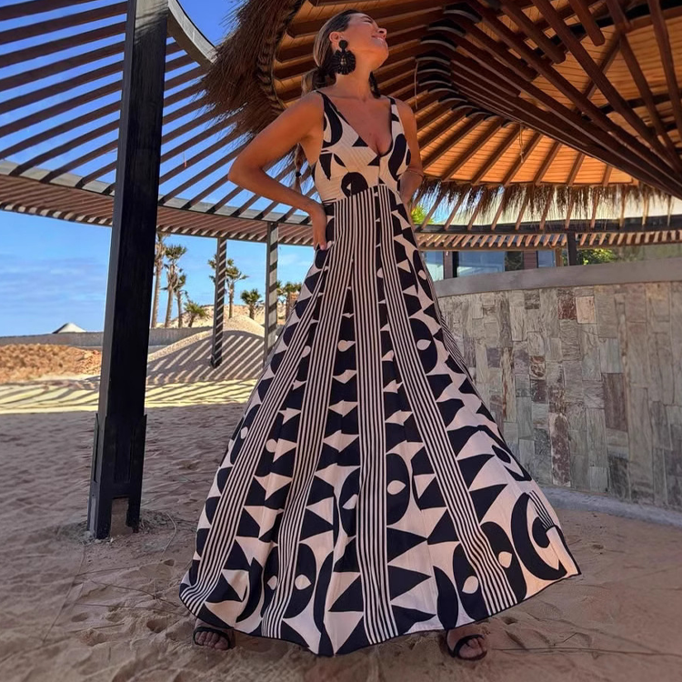 V Neck Printed Sling Dress