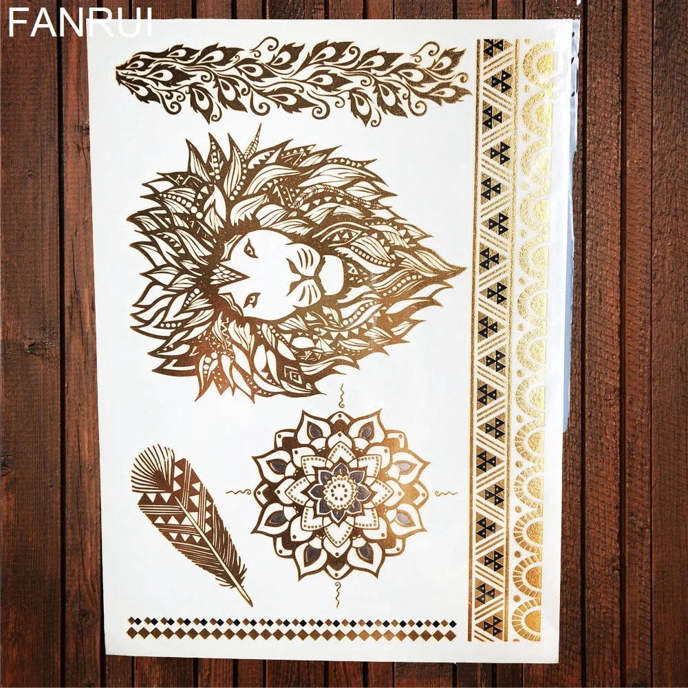 Golden Metallic Bracelet Temporary Tattoo Henna Mandala Flower Girl Tattoo Stickers Indian Chain Women Arm Flash Fake Tatoos Leg