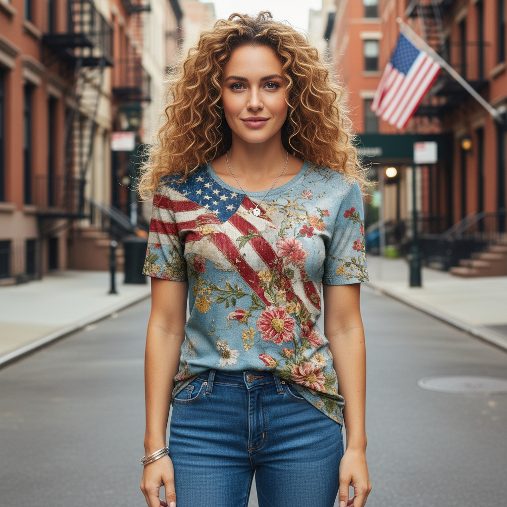 Women's Vintage American Flag 250th Anniversary Floral Print Short-Sleeve Crew Neck Light Blue T-Shirt - Helixace
