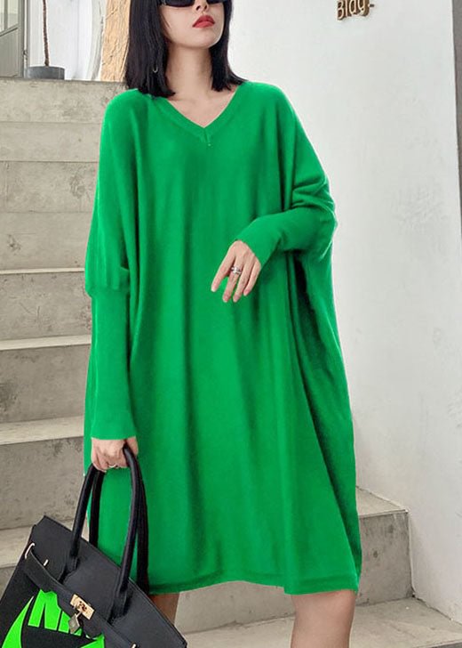 French Green V Neck Patchwork Casual Fall Knitwear Dress CK1934- Fabulory