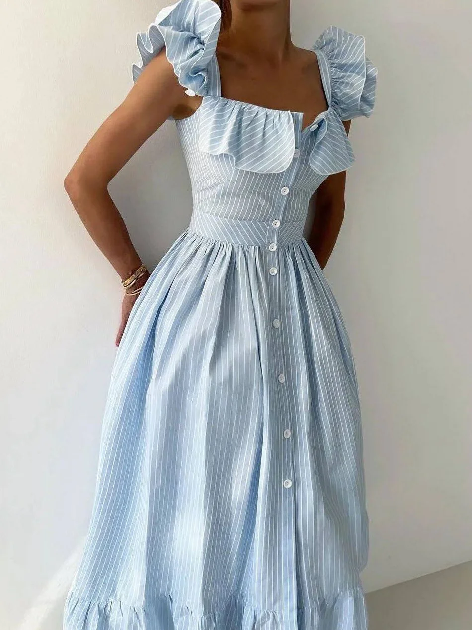 Athvotar Athvotar Temperament Commuting Style Leaf Side Striped Dress Women's Summer Senior Neck Cuff Double Design Women's Clothing