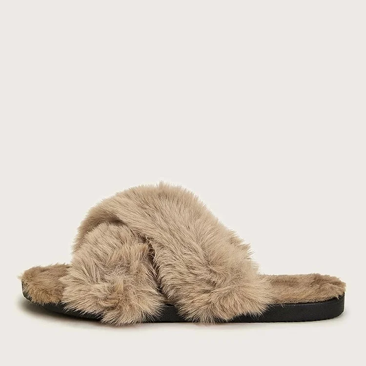 Khaki Furry Slide Sandals Vdcoo