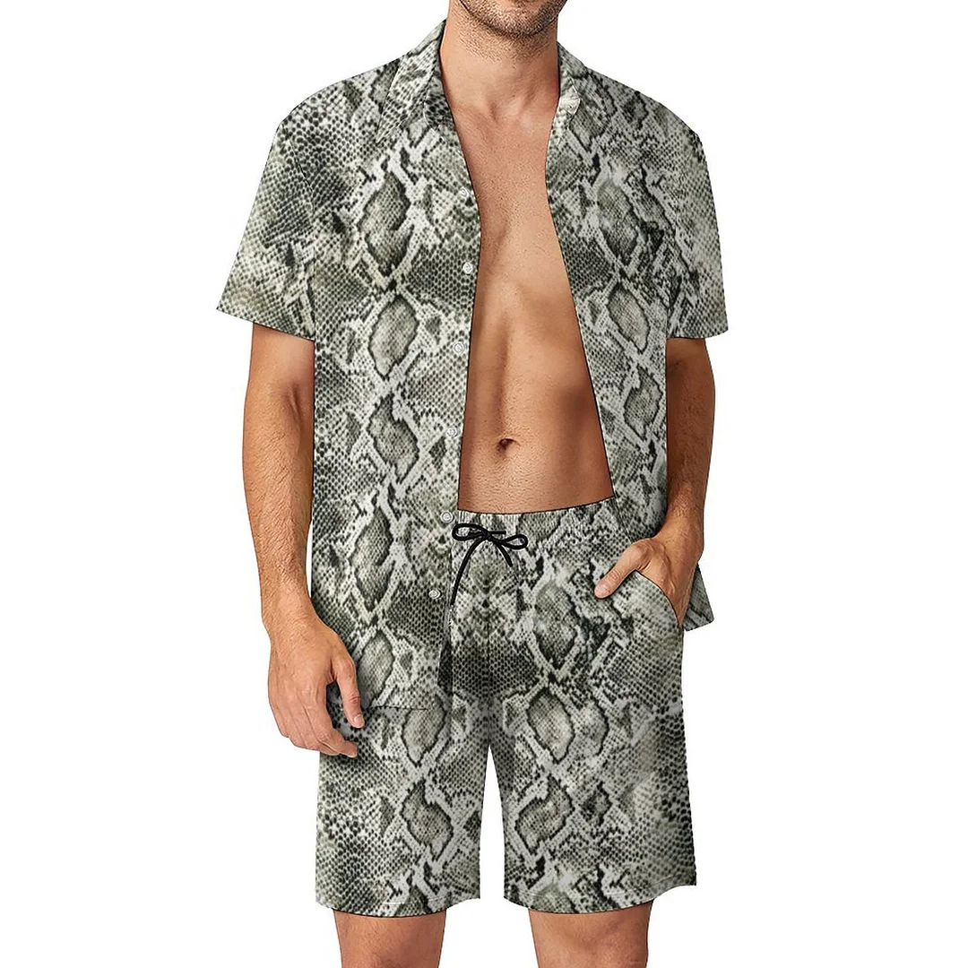 White Snake Print Men Hawaiian 2 Piece Outfit Vintage Button Down Beach Shirt Shorts Set Tracksuit with Pockets