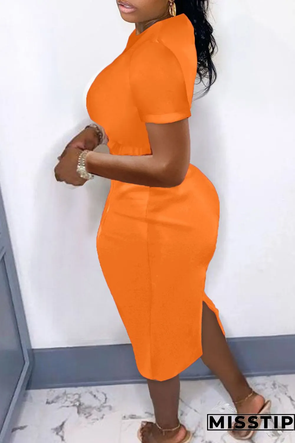 Tangerine Casual Solid Patchwork Slit O Neck Short Sleeve Two Pieces