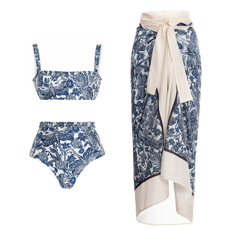 Flaxmaker Blue Dragonfly Printed Bikini Swimsuit and Sarong