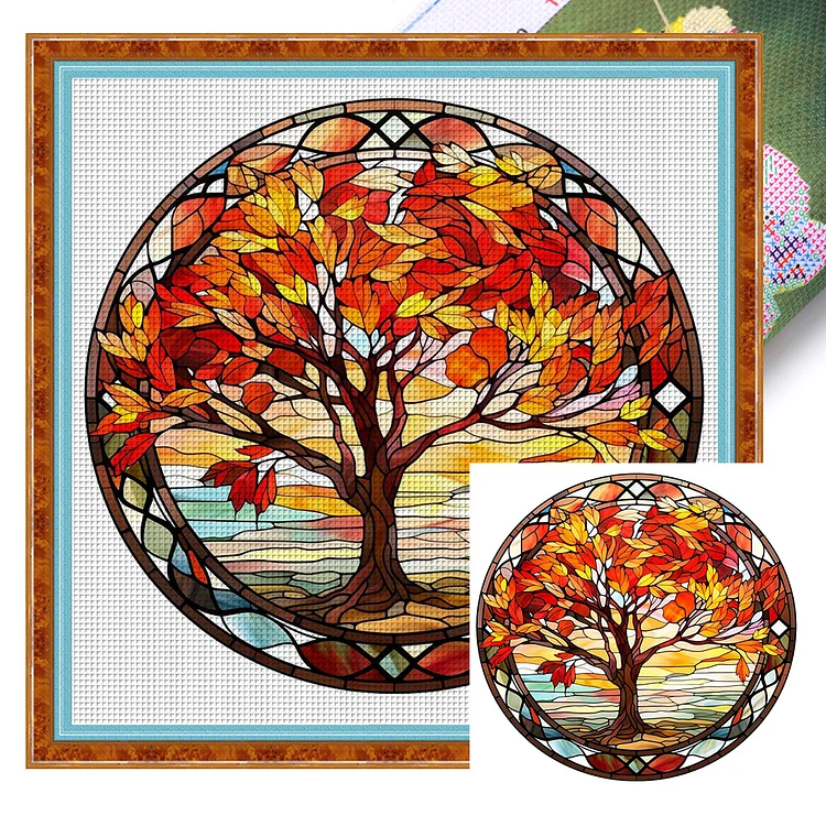 【Huacan Brand】Glass Art-Maple Tree 14CT Stamped Cross Stitch 40*40CM