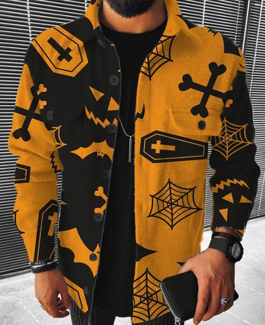 Halloween Spider Web Bat Pattern Turndown Collar Flannel Jacket 
