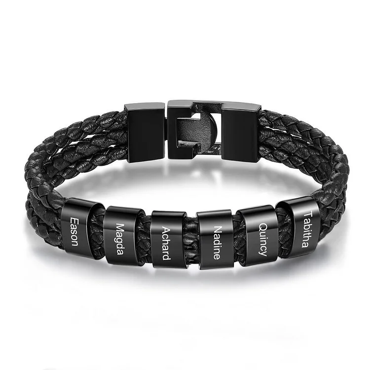 Personalised Braided Leather Bracelet Engraved 6 Names Men's Bracelet Gifts For Him