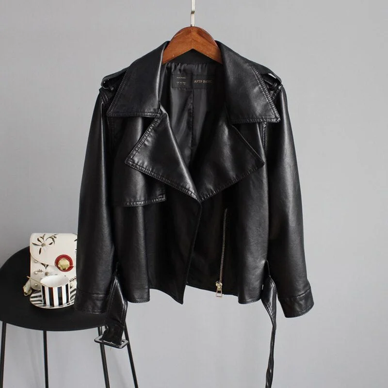 FTLZZ New Autumn Pu Motorcycle Faux Soft Leather Women Jacket Coat Turn-down Collar Long Sleeve Epaule Female Loose Short Jacket