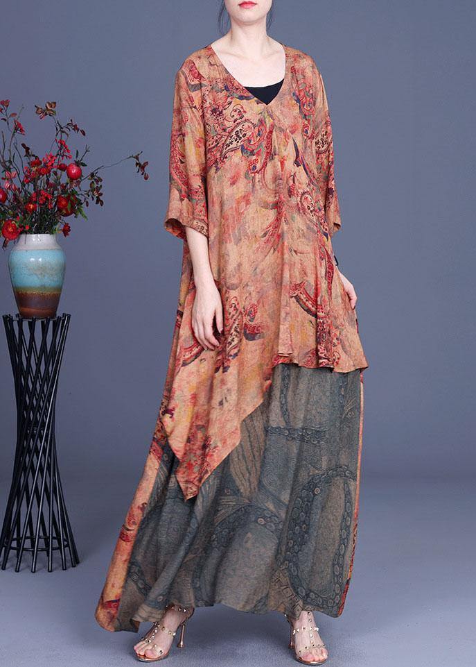 VCSHOES Orange Asymmetrical V Neck Print Summer Silk Summer Dress Half Sleeve