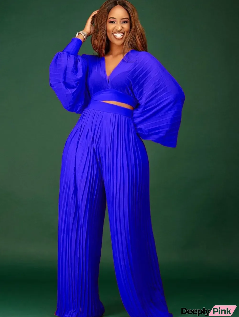Autumn Blue Occassional Pleated Puff Sleeve Cropped Top and High Waist Pants Set