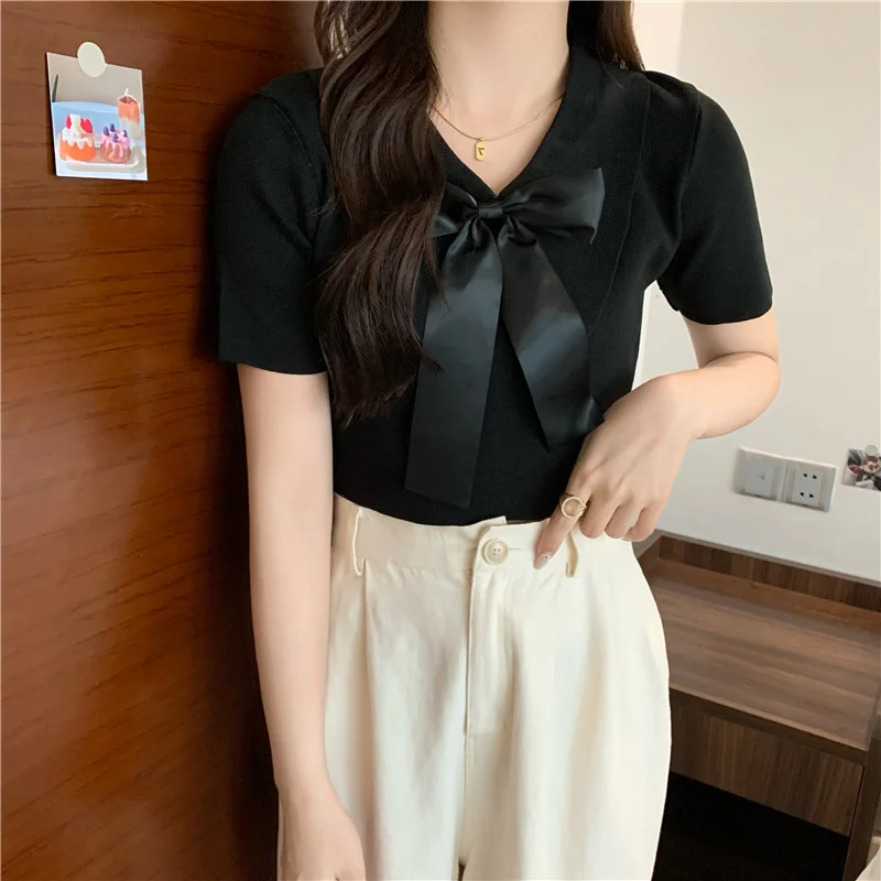 Uveng Uveng New Leisure Ice Cream Niche Chic Short T-Shirt Sweet Spicy Short-Sleeved Bow High-Rise Top Woman