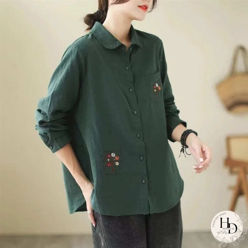 Women Autumn Retro Embroidery Cotton Linen Blouse