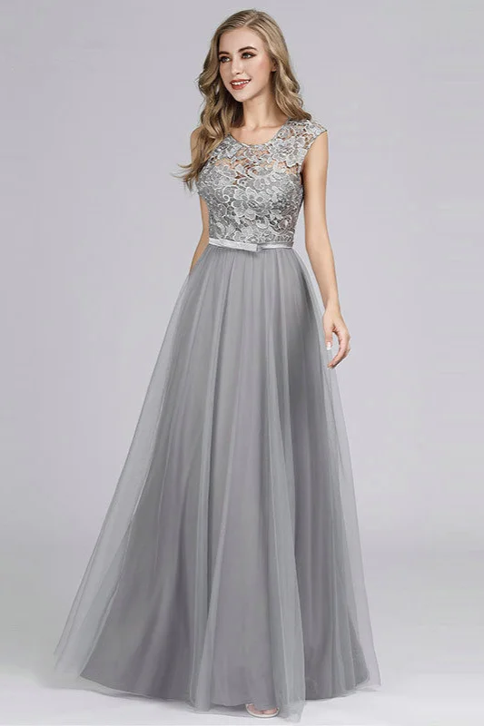 Chic Sleeveless Grey Tulle Evening Prom Dress With Lace Appliques 