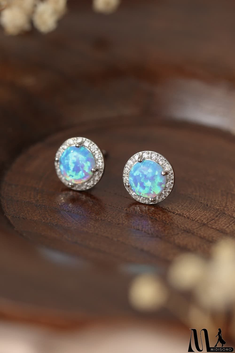 MidiSono - 925 Sterling Silver Platinum-Plated Opal Round Stud Earrings