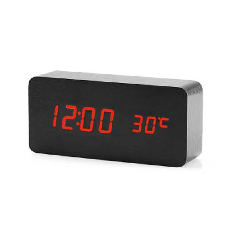 Wooden Digital LED Alarm Clock Voice Control USB/AAA Powered Electronic Table Clock Multifunction Temperature Desk Watch Decor