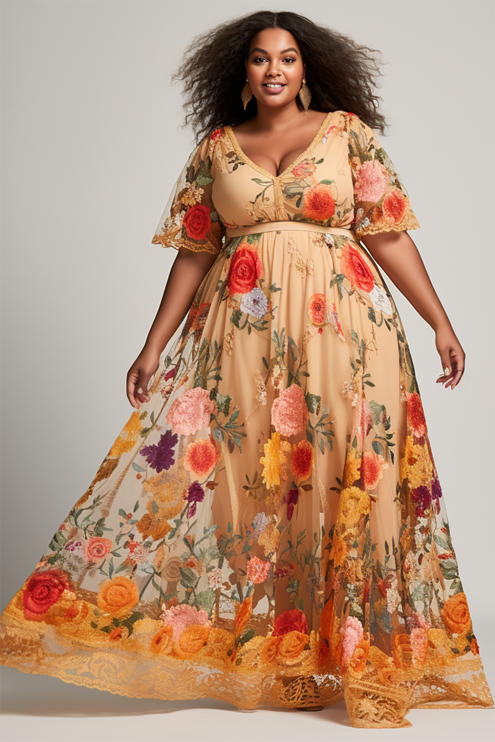 Design Plus Size Beach Elegant Orange Floral  V Neck Short Sleeve Lace Maxi Dresses [Pre-Order]