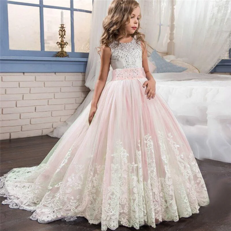 Pink Kids Dresses For Girls Tulle Lace Flower Girl Dress Party Bridesmaid Dress Children Princess Costume Wedding Clothing 6 14Y