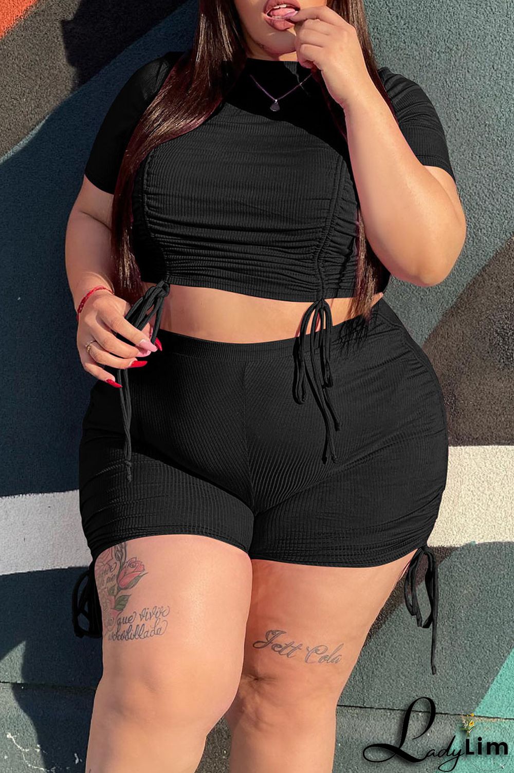 Orange Fashion Casual Solid Draw String Frenulum O Neck Plus Size Two Pieces