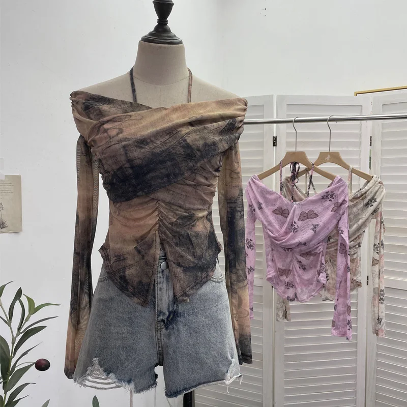 Uveng Real Shot Shoulder Strap Hanging Neck Pure Lust Wind Long-Sleeved T-Shirt Repair Cross-Folded Open Fork Short Top 9932