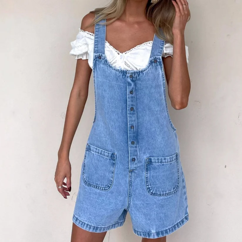 Women's Summer Pocket Suspenders Adjustable Straps Denim Jumpsuit Romper