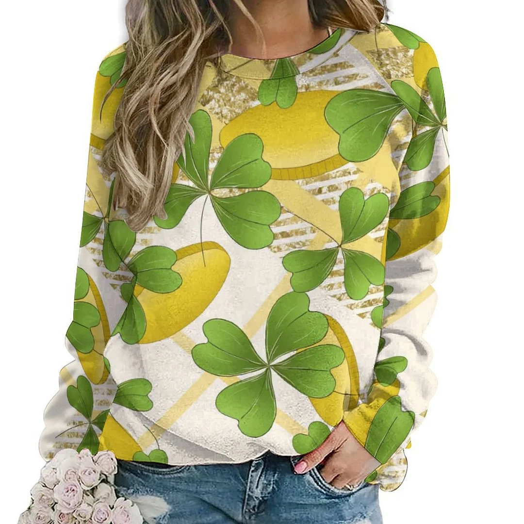 Printed Long Sleeve Casual Sweatshirt for  Women and Men Unisex Pattern St. Patrick's Day, Green, Clover, Lucky