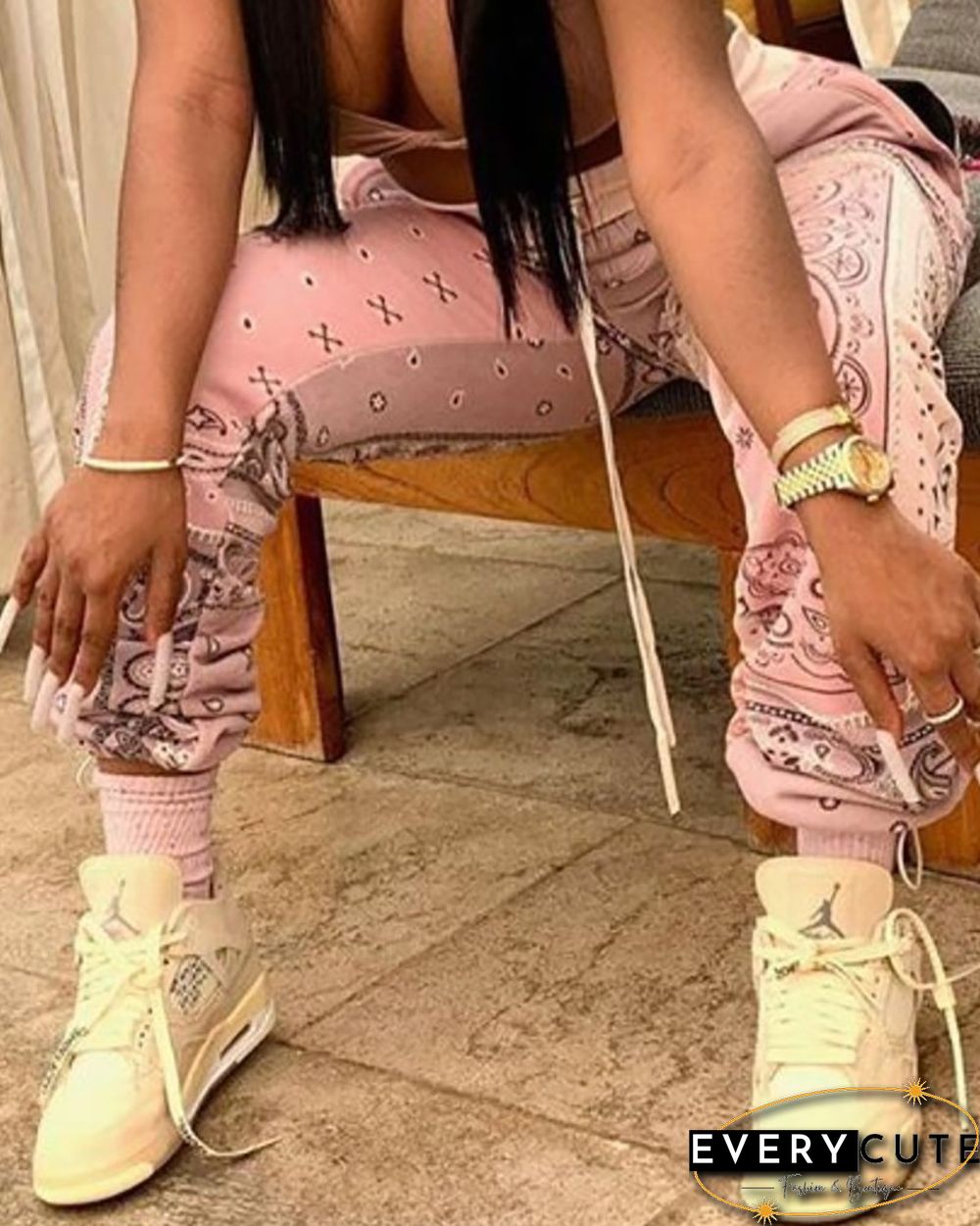 Paisley Print Drawstring Ruched Pants