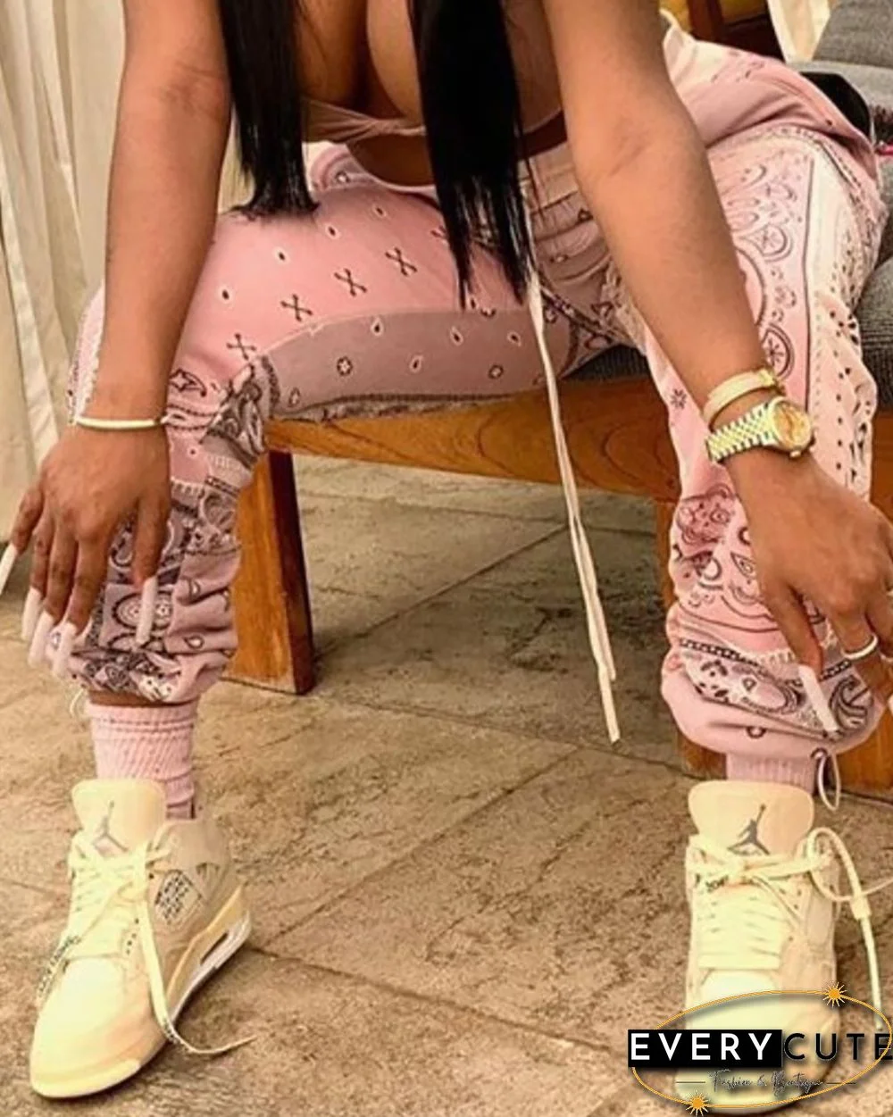 Paisley Print Drawstring Ruched Pants