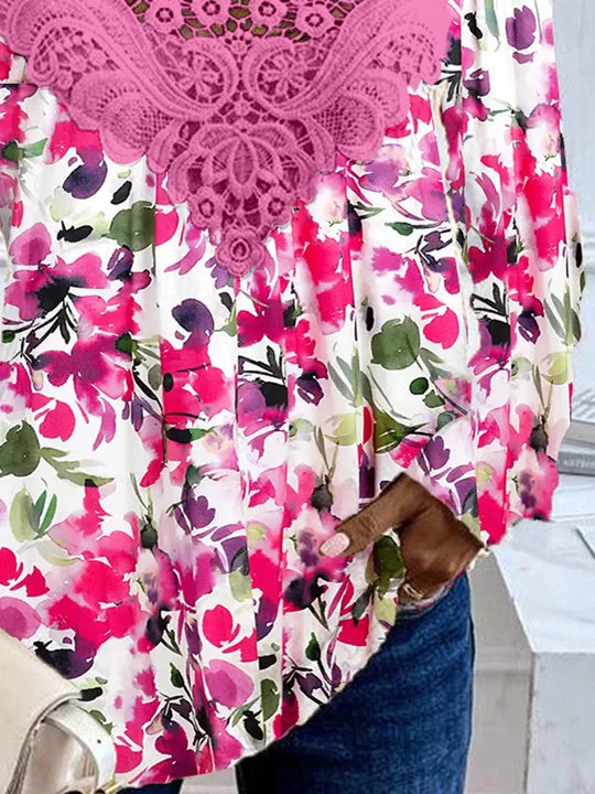 Women's Long Sleeve Scoop Neck Graphic Floral Printed Lace Top